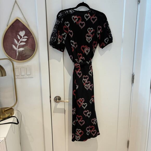Sandro Black 100% Silk Floral Heart Print Midi Dress Small - Picture 5 of 14